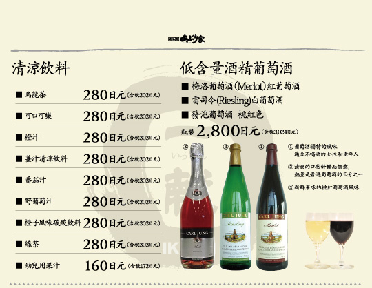 清涼飲料,低含量酒精葡萄酒,梅洛葡萄酒（Merlot）紅葡萄酒,雷司令(Riesling)白葡萄酒,發泡葡萄酒 桃紅色,烏龍茶,可口可樂,橙汁,薑汁清涼飲料,番茄汁,野葡萄汁,橙子風味碳酸飲料,綠茶,幼兒用果汁